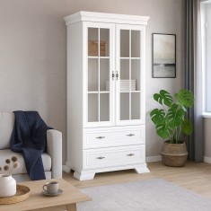 Vitrina living VMW2, 2 usi, 2 sertare, Pal melaminat, cu insertii MDF, Alb Antichizat