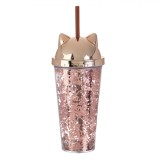 Pahar Plastic, Pisica, Capac Urechi 3D, Pai Maro, Perete Dublu, Confetti Roz Auriu, Capacitate 0,475L, Oem