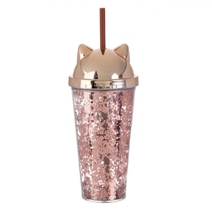 Pahar Plastic, Pisica, Capac Urechi 3D, Pai Maro, Perete Dublu, Confetti Roz Auriu, Capacitate 0,475L