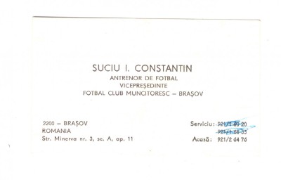 Carte de vizita veche anii &amp;#039;80 Fotbal Club Muncitoresc Brasov Suciu Constantin foto