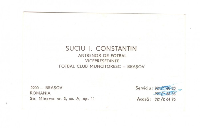 Carte de vizita veche anii &#039;80 Fotbal Club Muncitoresc Brasov Suciu Constantin