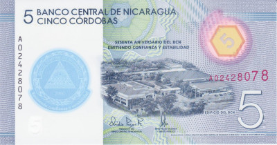 Bancnota Nicaragua 5 Cordobas 2019 - PNew UNC ( polimer, comemorativa ) foto