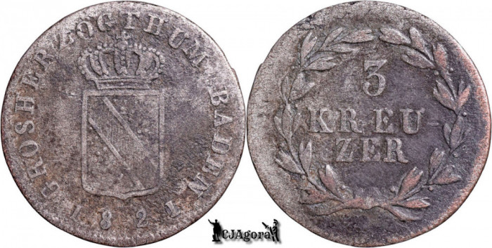 1821, 3 Kreuzer - Ludovic I - Marele Ducat de Baden