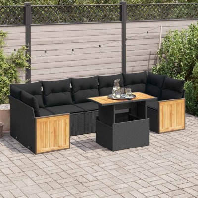 vidaXL Set mobilier grădină perne 8 piese negru, poliratan/lemn acacia 3327681 foto