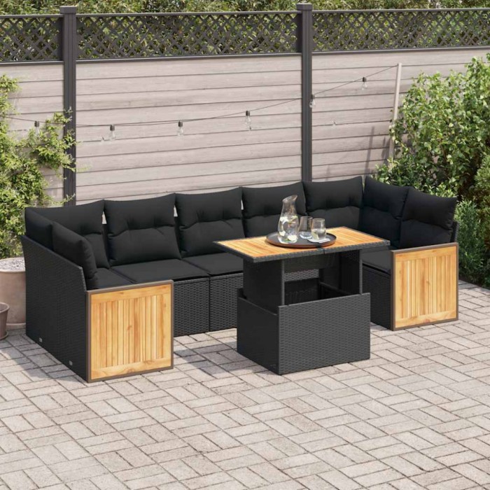 vidaXL Set mobilier grădină perne 8 piese negru, poliratan/lemn acacia 3327681