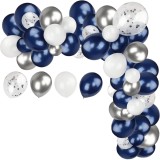 Cumpara ieftin Set pentru petrecere format din 90 de baloane din latex argintii, albe, bleumarin si cu confetti, pentru confectionare arcada, ideal pentru zile de na