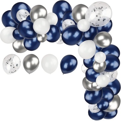Set pentru petrecere format din 90 de baloane din latex argintii, albe, bleumarin si cu confetti, pentru confectionare arcada, ideal pentru zile de na foto