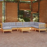 Cumpara ieftin Set mobilier de grădină cu perne gri, 9 piese, lemn masiv pin