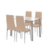 Set de luat masa Mateo 4+1 Leziter, Bej-Gri, Masa sticla temperata, Scaune piele textila, 120x70 cm, 4-6 persoane