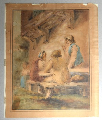&amp;quot;Scena de taverna&amp;quot; veche acuarela in stilul lui George Morland foto