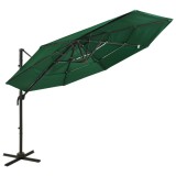 VidaXL Umbrelă de soare 4 niveluri, st&acirc;lp din aluminiu, verde, 3x3 m