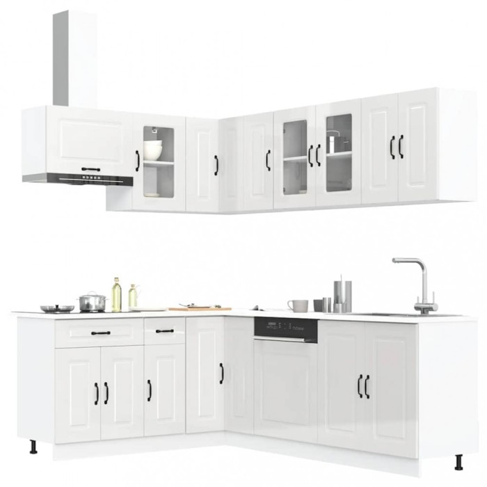 Set dulap de bucătărie 11 piese &bdquo;Kalmar&rdquo; alb lucios Lemn