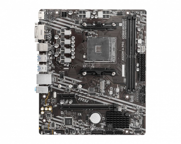 PLACA de BAZA MSI A520M, skt AM4, AMD A520, mATX, slot RAM 2 x DDR4, max 64 GB, 4x S-ATA 3, 1x M.2, 1x PCI-E, PCI-E3.0 x 16 x 1, PCI-E3.0 x 1 x 1, LAN