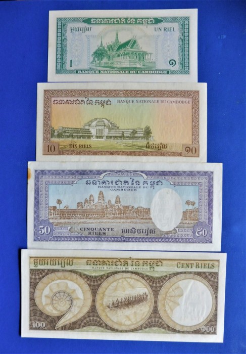 Regatul Cambodgiei - lot 4 bancnote emise in 1972 (Fara data pe bancnote) - 1 / 10 / 50 / 100 Riels (281)