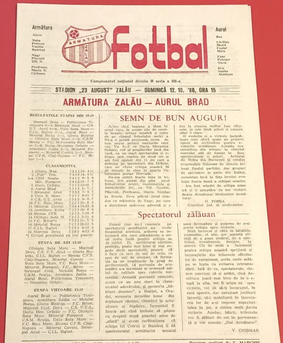 Program meci fotbal &quot;ARMATURA&quot; ZALAU - &quot;AURUL&quot; BRAD (12.10.1986)