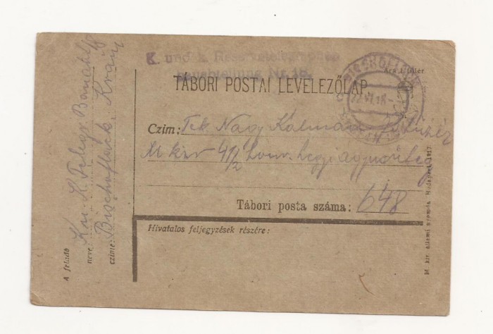 D2 Carte Postala Militara k.u.k. Imperiul Austro-Ungar ,1918