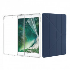 Set 3 in 1 husa carte, husa silicon si folie protectie ecran pentru iPad 9.7 inch 2017 / 2018 / A1893 / A1954 / A1822 / A1823, albastru foto