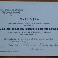 Invitatie la Inaugurarea Cercului Militar al Ofiterilor , Cernauti ,27 dec. 1941