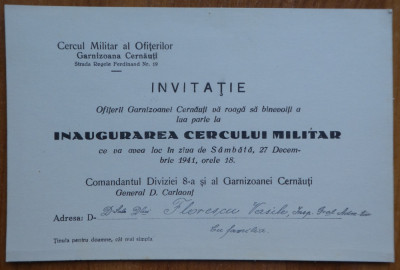 Invitatie la Inaugurarea Cercului Militar al Ofiterilor , Cernauti ,27 dec. 1941 foto