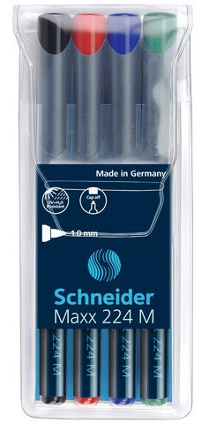 Universal Permanent Marker Schneider Maxx 224 M, Varf 1mm, 4 Culori/set - (n, R, A, V)