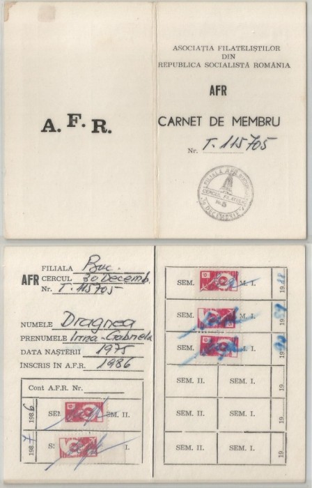 Romania, Carnet de membru A.F.R., Bucuresti, 1986