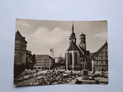 VEDERE STUTTGART &amp;quot;SCHILLERPLATZ MIT STIFTSKIRCHE&amp;quot; ANUL 1947 foto