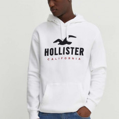 Hollister Co. bluza barbati, culoarea alb, cu glugă, cu imprimeu