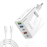 Techsuit - Premium Wall Charger PentaXPower (CHC1) - Type-C Cable Included, 3x USB, 2x Type-C PD 25W, 65W, GaN, 1m - White