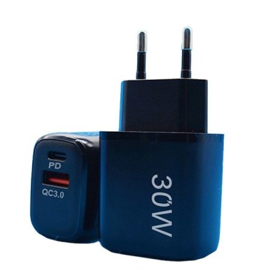 Incarcator Fast Charging pentru Telefon, Flippy, Dual Port USB-A si USB-C cu Cap de Incarcare Standard European, 30W Q.C 3.0, Negru foto