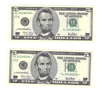 ✅🔸$5 Dollars 2001 Federal Reserve Notes Choice/Gem Consecutive⭐STAR NOTE Fr#1989-L* 🔸✅ foto