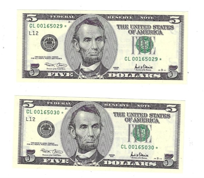 ✅🔸$5 Dollars 2001 Federal Reserve Notes Choice/Gem Consecutive⭐STAR NOTE Fr#1989-L* 🔸✅