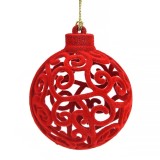 Ornament Brad Crăciun, Glob Catifelat, Model Perforat, Culoare Roșu, Oem
