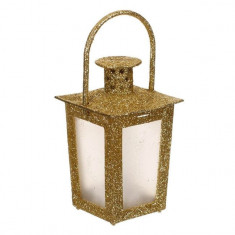 Felinar decorativ cu maner si lumanare led,auriu glitter,7x7x16cm