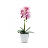 Orhidee artificiala siliconata cu aspect 100% natural in bol de ceramica, 50 cm, Roz cu Alb