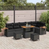 Set de canapele pentru grădină 9 piese cu perne, rattan negru din polipropilenă, acacia.