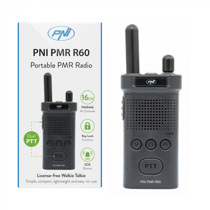 Resigilat : Statie radio portabila PNI PMR R60 446MHz, 0.5W, 16 canale programabil
