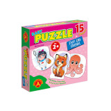 Puzzle educativ mega Box, Vulpita si prietenii, 15 imagini, +2 ani, Alexander Games EduKinder World, Alexander Toys