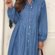 Rochie mini din denim, cu maneca lunga, albastru, dama