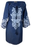 Rochie traditionala dama R, albastru/alb , marimea S, Bumbac