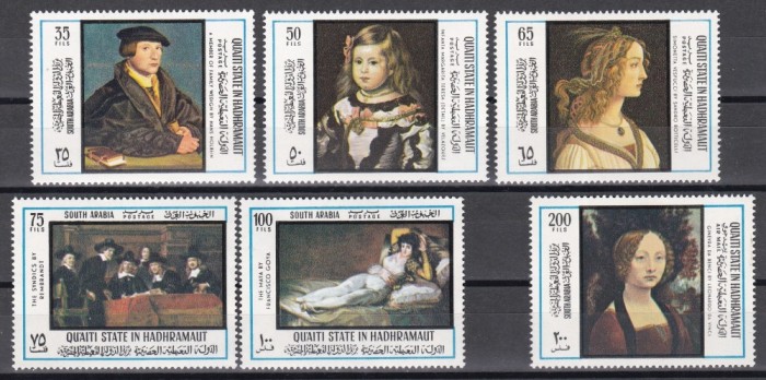 Quaiti Hadhramaut 1967 - Picturi de Velazquez, Botticelli, Rembrandt, Goya, Da Vinci, Holbein, Serie scurta + PA, MNH