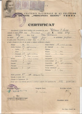 Certificat scolar Liceul de fete Principesa Ileana Cluj 1943 foto