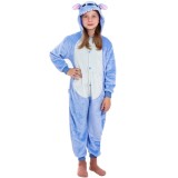 Pijama salopeta Stitch tip combinezon,marimea S,cu gluga fixa decorata cu urechi,ochi si dinti,coada decorativa,inchidere frontala cu nasturi si