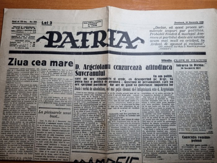 ziarul patria 30 noiembrie 1930-argetoianu,procesul lui averescu,criza mondiala