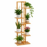 Suport pentru plante si ghivece cu 6 niveluri,din bambus natural,design vertical cu rafturi asimetrice pentru expunerea plantelor la diferite inalti