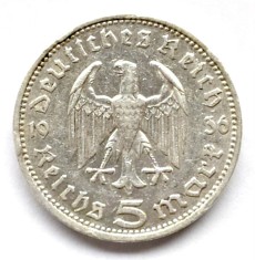 GERMANIA 5 REICHSMARK 1936 D HINDEMBURG ARGINT XF ( CITITI DESCRIEREA )