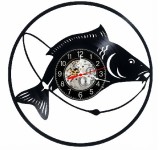 Ceas de perete decorativ realizat din disc de vinil, Model Pescuit Crap Mare Fir Undita Fishing, Negru, 30 cm