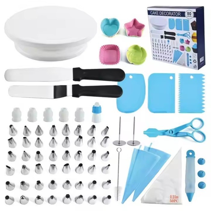Set 80 Piese Ustensile pentru Ornare Prajituri, din Plastic si Otel Inoxidabil, Forme Briose, Multicolor