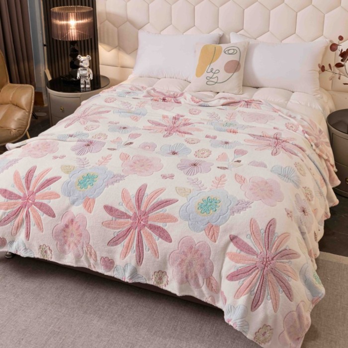 Patura pufoasa cocolino 200x230cm,alba,flori-F089