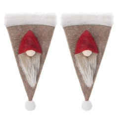 Set 2 bucati decoratiune Craciun pentru tacamuri, model spiridus, 18 x 10 cm, rosu / maro