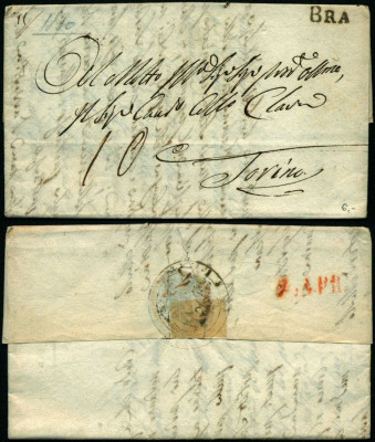 Italy 1830 Postal History Rare Stampless Cover + Content Bra Torino D.1079 foto